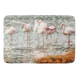 Six Flamingos A Wading Watercolor Bath Mat