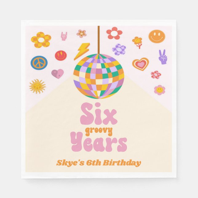 Six Groovy Years Disco Ball 6th Birthday Party Napkin (Front)