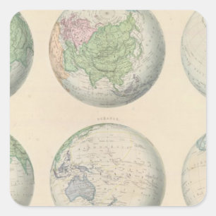 Six hemispheric maps of the world square sticker