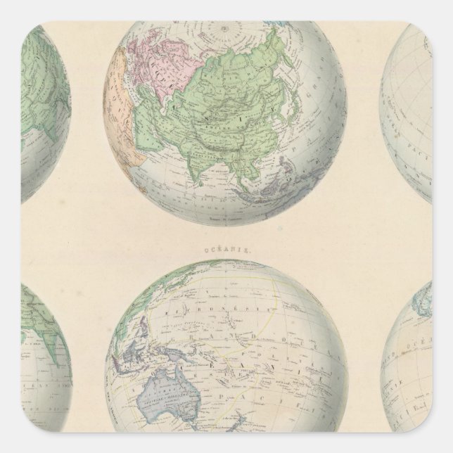 Six hemispheric maps of the world square sticker (Front)