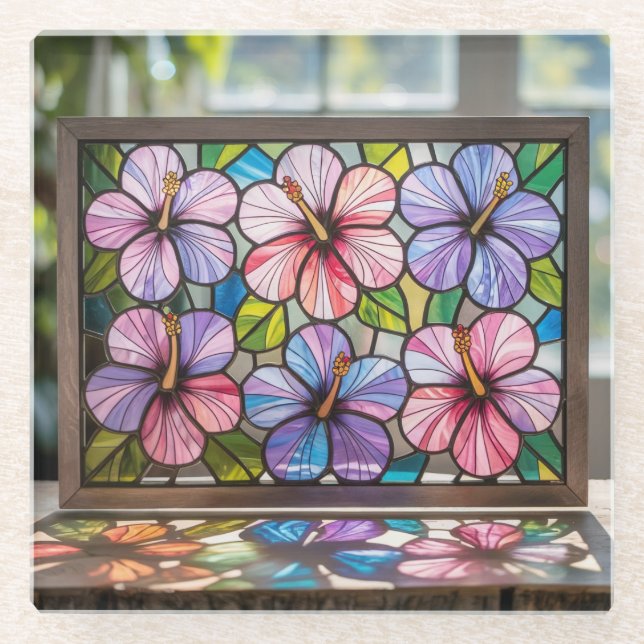 Six Hibiscus Flowers Stained Glass Coaster (Front)