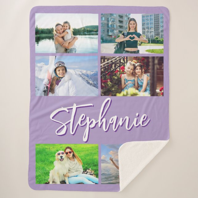Six Horizontal Photo Collage Personalised Purple Sherpa Blanket (Front)