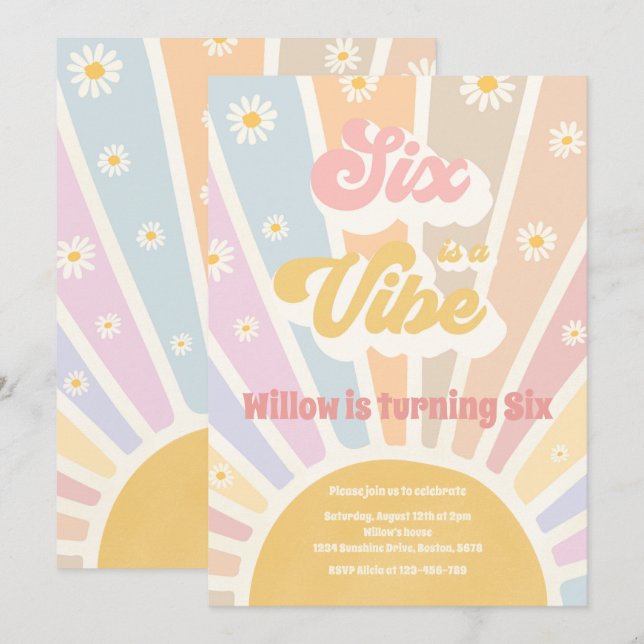 Six Is A Vibe Boho Sunshine 6th Birthday Party Invitation (Front/Back)