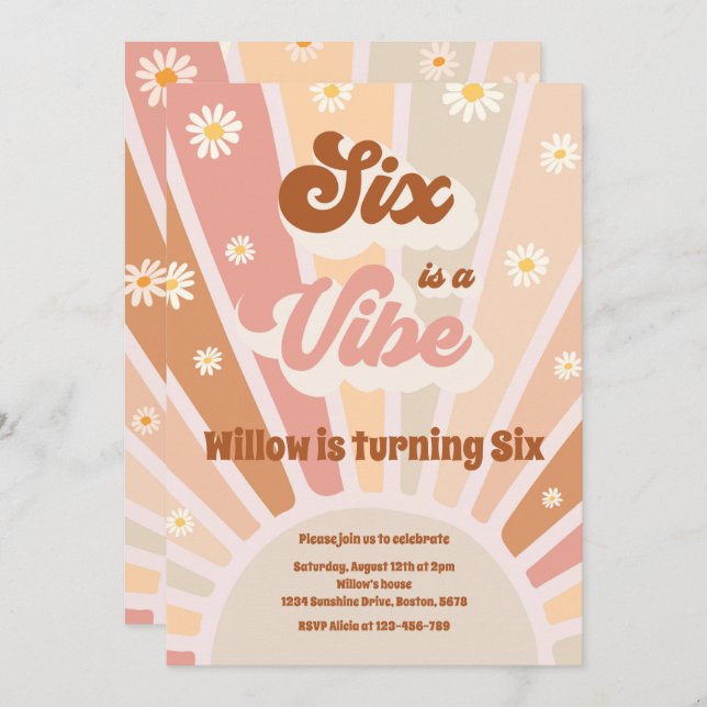 Six Is A Vibe Boho Sunshine 6th Birthday Party Invitation (Front/Back)