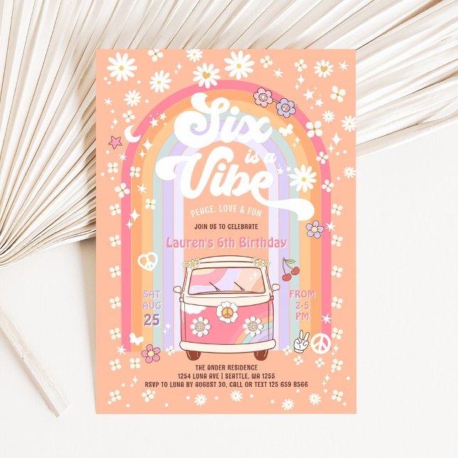 SIX is a Vibe Daisy Groovy Hippie 6th Birthday  Invitation (Creator Uploaded)