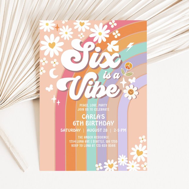 Six is a Vibe Daisy Rainbow Groovy 6th Birthday Invitation (Creator Uploaded)