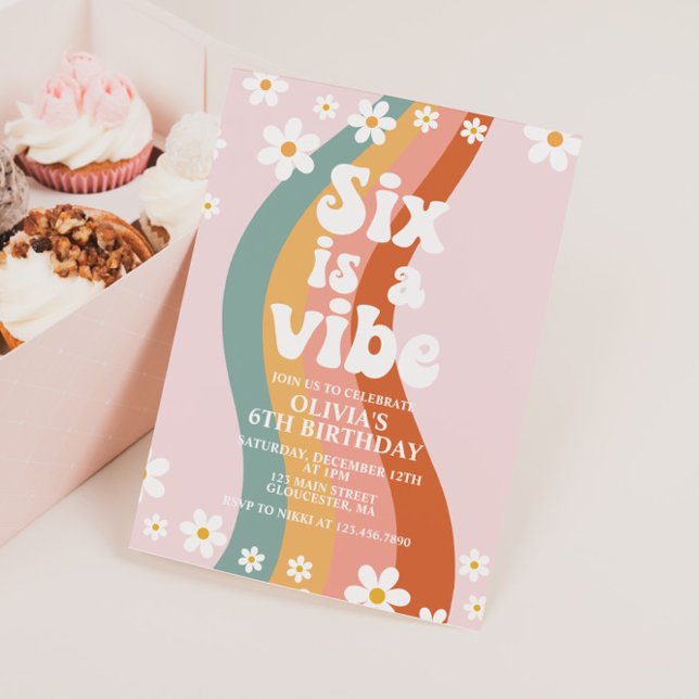 Six is a Vibe groovy daisy rainbow 6th birthday Invitation (Creator Uploaded)