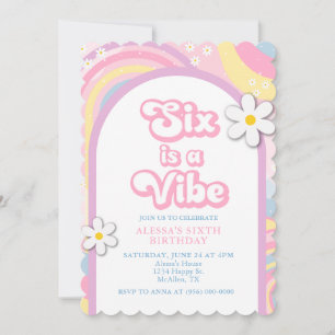 Six is a Vibe Groovy, Retro Girl Pastel Colours Invitation