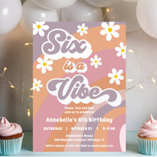 SIX is a Vibe groovy retro pastels girl birthday Invitation