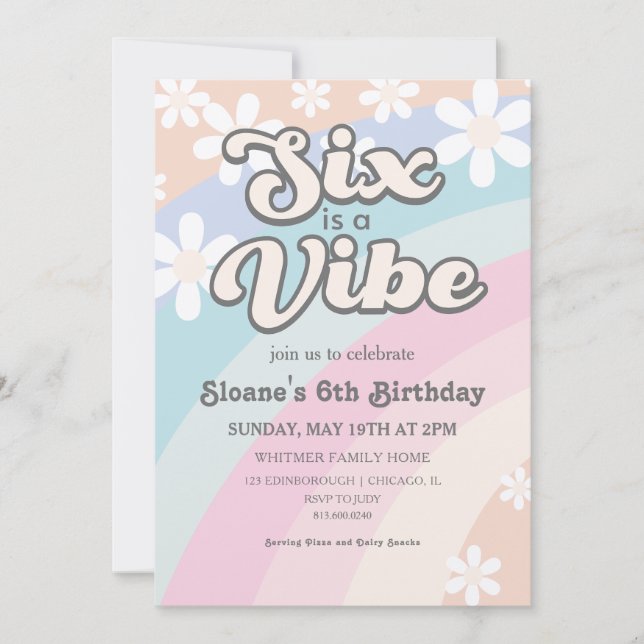 Six is a Vibe Groovy Retro Rainbow Daisy Invitation (Front)