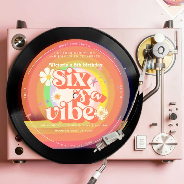 SIX is a Vibe Groovy Retro Sunshine Rainbow Daisy Invitation (Creator Uploaded)
