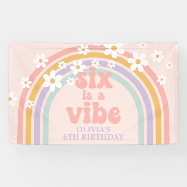 Six is a Vibe Pastel rainbow 6th birthday Banner (Horizontal)