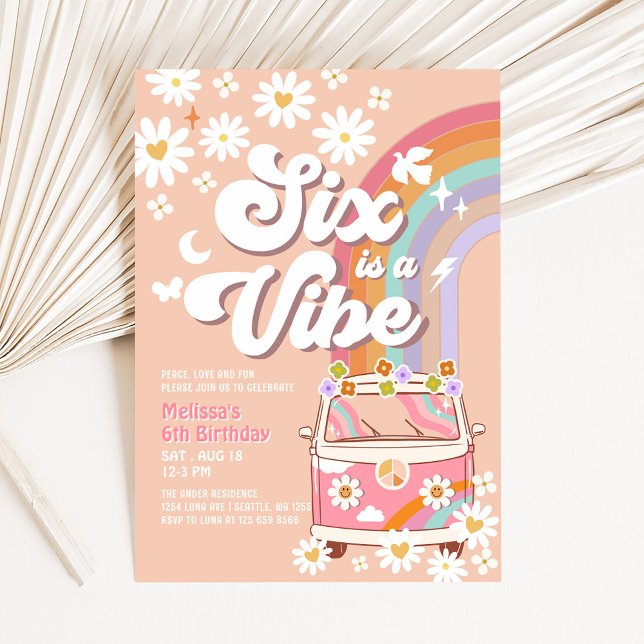 Six is a Vibe Pink Daisy Rainbow Van Birthday Invitation (Creator Uploaded)