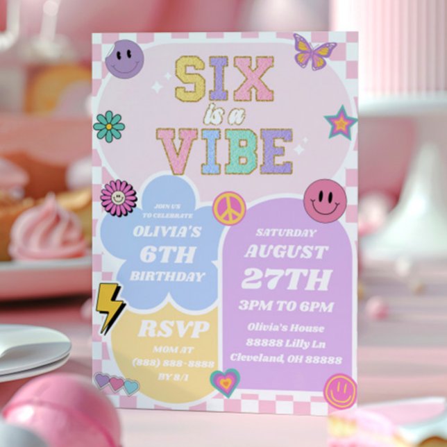 Six Is A Vibe Preppy Patch 6th Birthday Party Invitation (Creator Uploaded)