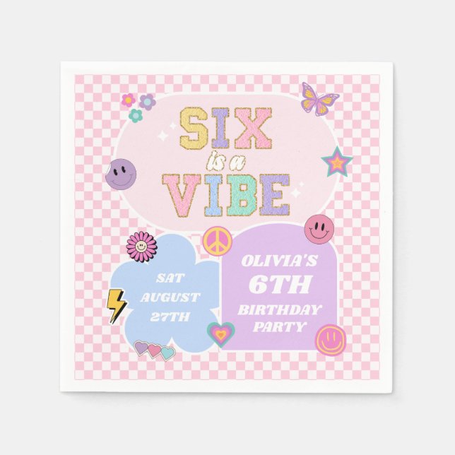 Six Is A Vibe Preppy Patch 6th Birthday Party Napkin (Front)
