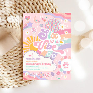 Six Is A Vibe Rainbow Disco Sun 6th Birthday  Invitation