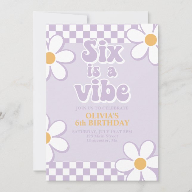 Six is a Vibe Retro Check Lilac Daisy Invitation (Front)