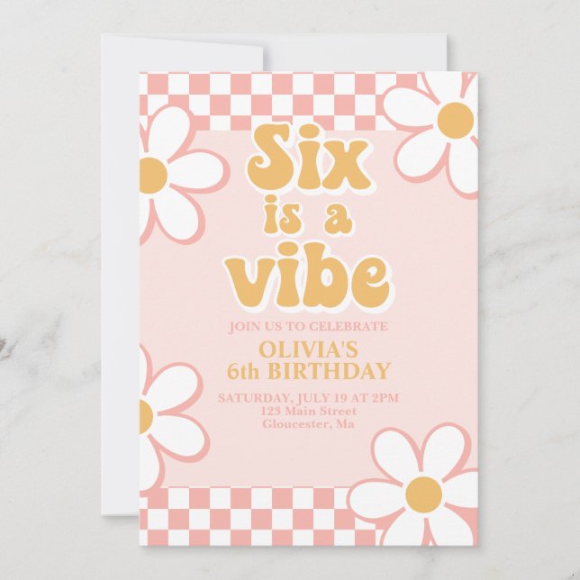 Six is a Vibe Retro Check Pink Daisy Invitation (Front)