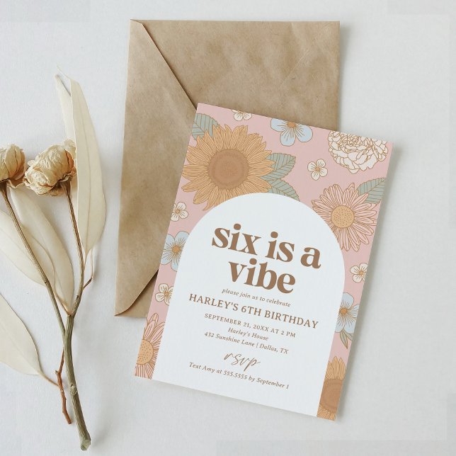 Six is a Vibe Retro Floral 6th Birthday Invitation (Creator Uploaded)