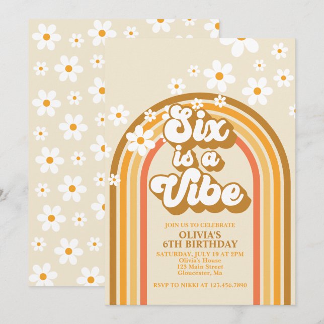Six is a Vibe Retro Rainbow Groovy 6th Birthday Invitation (Front/Back)