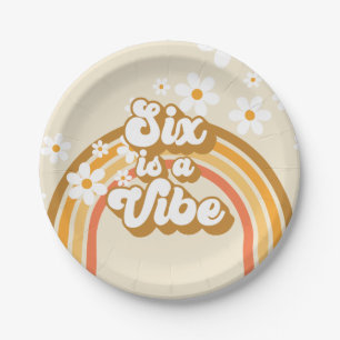 Six is a Vibe Retro Rainbow Groovy 6th Birthday Paper Plate