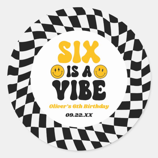 Six Is A Vibe Retro Sixth 6th Birthday Party Classic Round Sticker (Front)