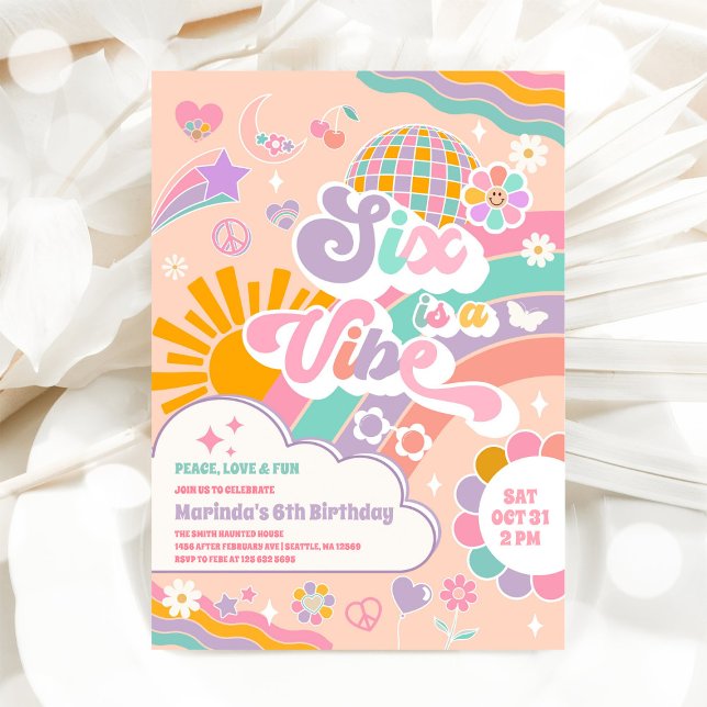 Six Is A Vibe Sun Rainbow Disco 6th Birthday Invitation (Creator Uploaded)