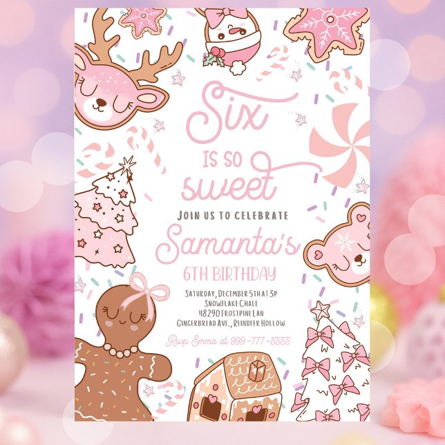Six Is So Sweet Christmas Cookie Birthday Party Invitation (Six Is So Sweet girl Christmas cookie birthday party with festive holiday décor, colorful cookies, a)