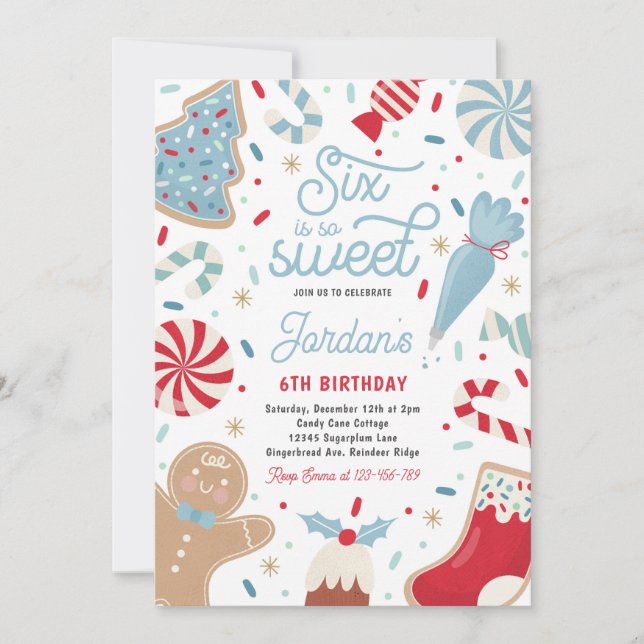 Six Is So Sweet Christmas Cookie Birthday Party  Invitation (Front)