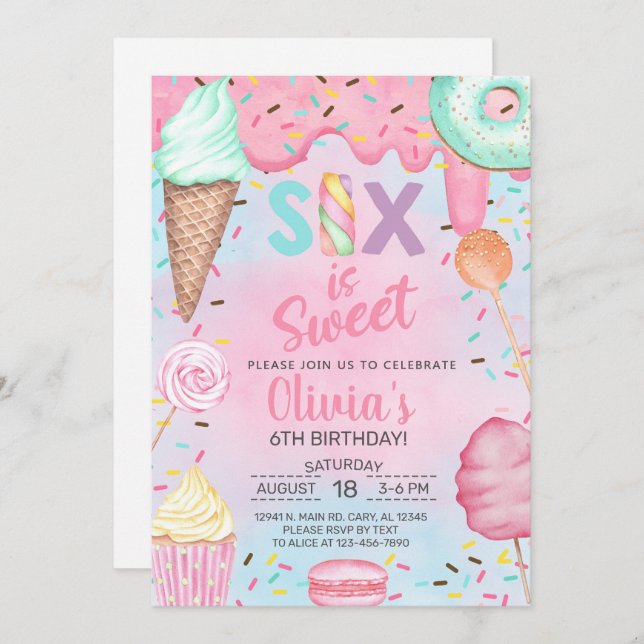 Six is so Sweet girl 6th sixth birthday invitation (Front/Back)