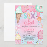 Six is so Sweet girl 6th sixth birthday invitation
