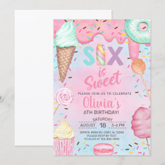Six is so Sweet girl 6th sixth birthday invitation