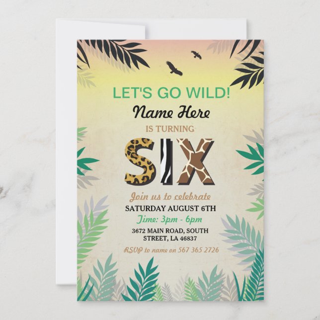 SIX Jungle 6TH Birthday Party Safari ZOO Invite (Front)