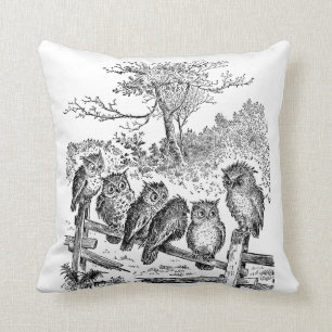 Six Little Owls Sitting on a Broken Down Fence Cushion