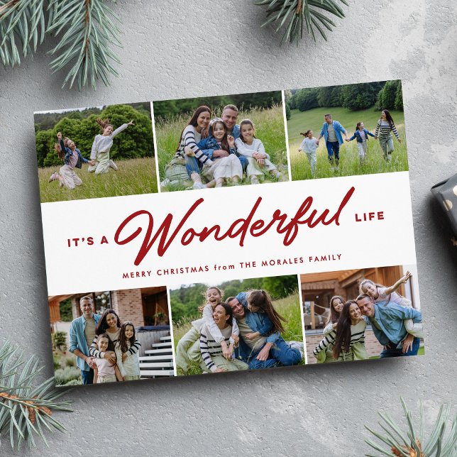 Six photo collage red wonderful life Christmas Holiday Card (Creator Uploaded)