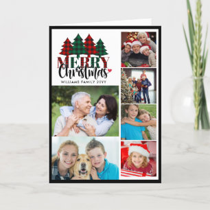 Six Photo Plaid Family Name Merry Christmas Folded Holiday Card