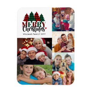 Six Photo Plaid Family Name Merry Christmas Magnet