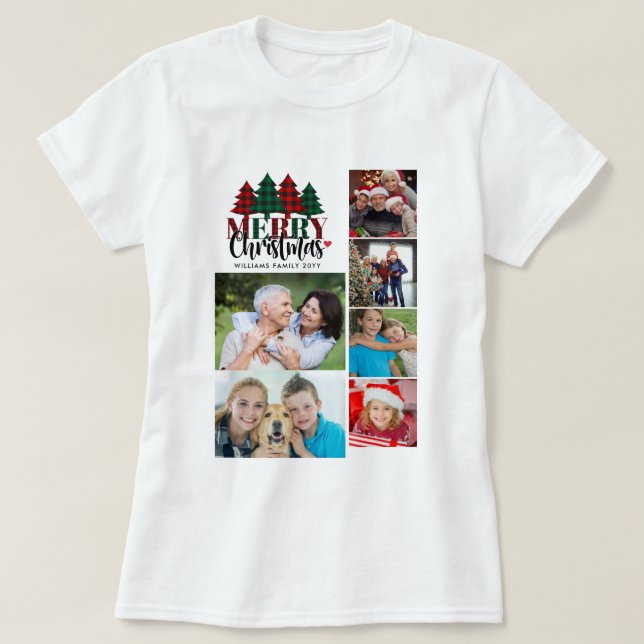 Six Photo Plaid Family Name Merry Christmas Womens T-Shirt (Design Front)