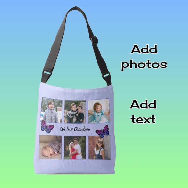 Six photos custom text butterflies blue crossbody bag (Creator Uploaded)