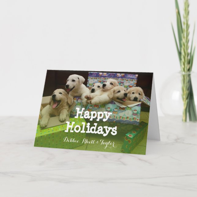 Six puppies sit in Christmas boxes Holiday Card (Front)