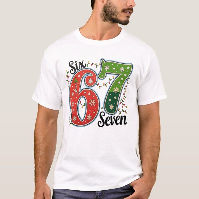Six Seven 67 6 7 Christmas Meme Funny Xmas Lights T-Shirt (Front)