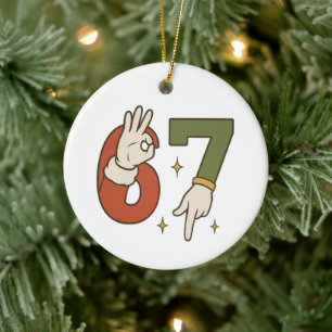Six Seven 67 6 7 Christmas Santa Elf Meme Ceramic Ornament