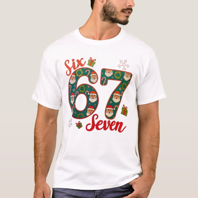 Six Seven 67 6 7 Meme Christmas Xmas Santa Hat T-Shirt (Front)