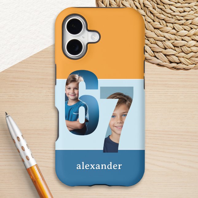 Six Seven 67 Funny Colour Block Photo Personalised (A trendy 6-7 themed phone case with blue and yellow color block stripes, with custom photos and name)