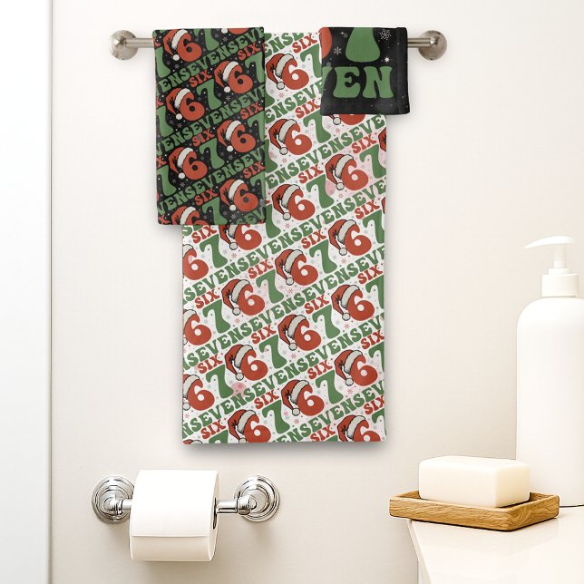 Six Seven 67 Funny Santa Hat Christmas Xmas Meme Bath Towel Set (Creator Uploaded)