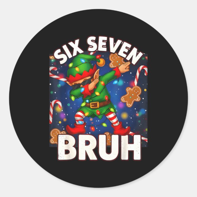 Six Seven 6 7 Funny Bruh Christmas Dabbing Elf Mat Classic Round Sticker (Front)