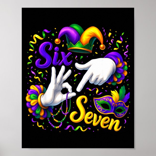 Six Seven 6 7 Meme Mardi Gras Jester Hand Sign Fat (Front)