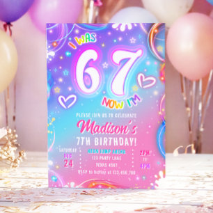 Six Seven 6 7 Neon Glow Retro Groovy Girl Birthday Invitation