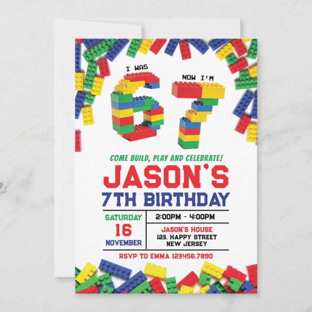 Six Seven Building Blocks Birthday Invitation (Front)
