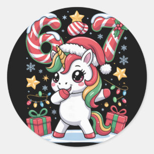 Six Seven Christmas Unicorn Meme Funny Cute Holida Classic Round Sticker
